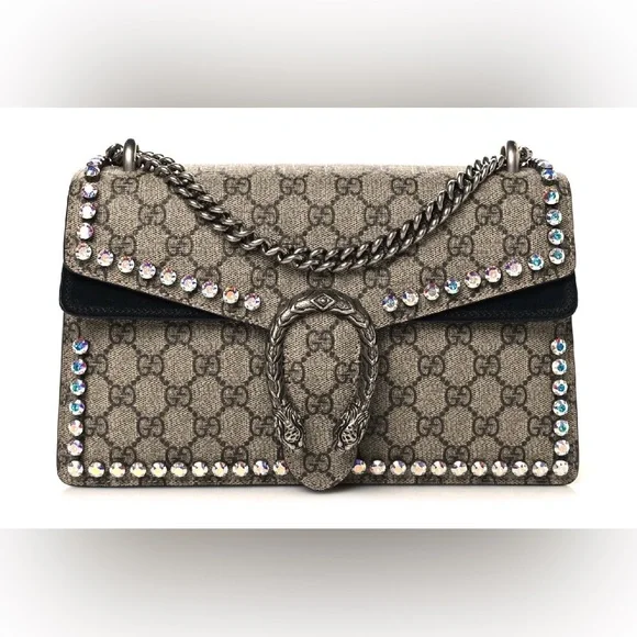 Gucci Beige and Black Monogram Crystal Dionysus Small Shoulder Bag - Picture 3 of 17